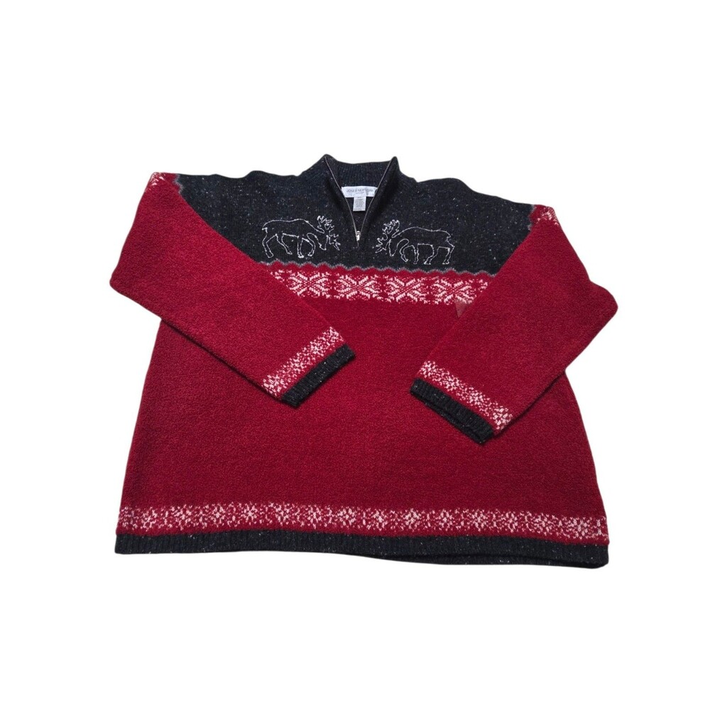 NWT Jones New York Sport Red Black Fair Isle Nordic Style Sweater Moose XL U1